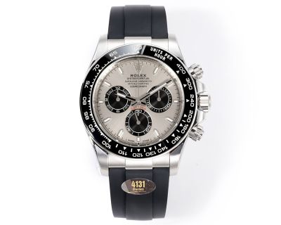 Rolex Daytona 904L Steel 40mm Ceramic Bezel Platinum Markers Grey Face Oysterflex Band Watch